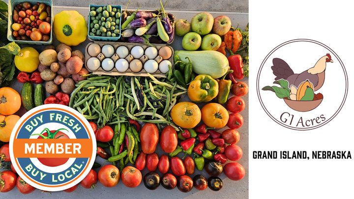GI Acres spotlight photo showcasing the wide variety of produce and eggs that are grown at GI Acres