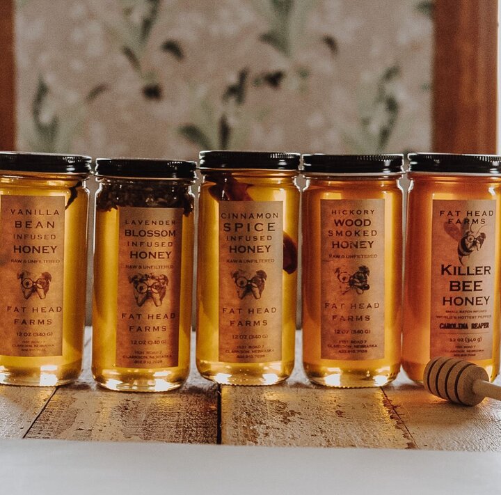 Fat Head Honey Farm's variety of honey products that they sell